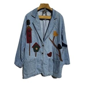 Vintage Women's L Denim Jean Jacket Mid Length Bird Embroidery Folk Art Oversize